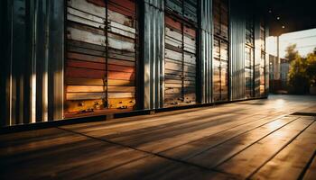 AI generated Modern warehouse with empty metal containers stacked indoors generated by AI photo