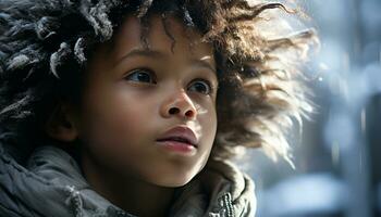 AI generated Smiling child in winter, looking at camera, outdoors, cheerful generated by AI photo