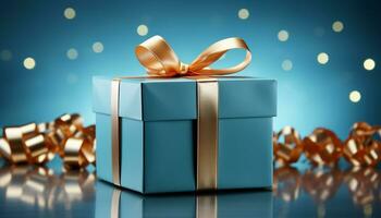 AI generated A shiny gold gift box wrapped in blue wrapping paper generated by AI photo