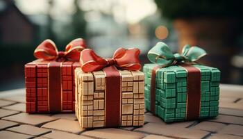 AI generated A stack of wrapped gift boxes, shiny and colorful generated by AI photo