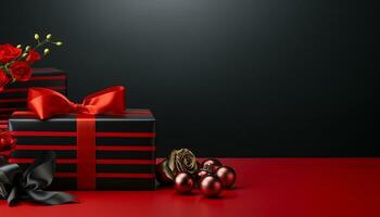 AI generated Gift box wrapped in shiny red wrapping paper on black background generated by AI photo