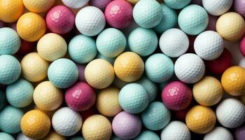 AI generated Golf ball collection, colorful spheres on shiny green backdrop generated by AI photo