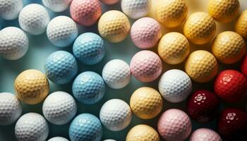 ai generado un fila de vibrante golf pelotas, un deportivo decoración generado por ai foto