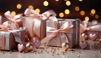 AI generated A shiny gold gift box wrapped in colorful wrapping paper generated by AI photo