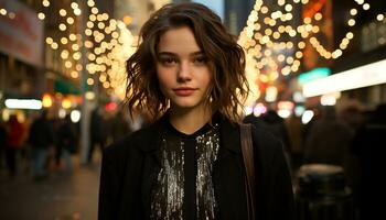 AI generated Young woman, illuminated by street light, confidently walking in the city at night generated by AI photo