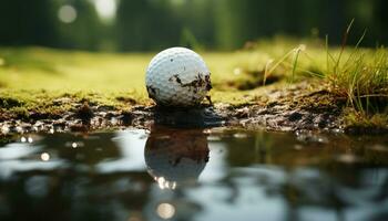 AI generated Golf ball on green grass, hitting towards sunset generated by AI photo