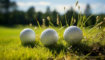 AI generated Golf ball on green grass, practicing skill in nature generated by AI photo