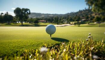 ai generado golfistas jugando en verde césped debajo el verano luz de sol generado por ai foto