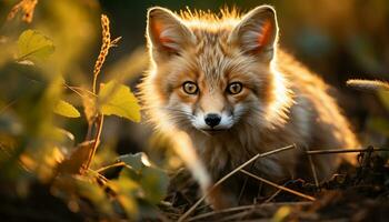 AI generated Cute red fox looking at camera, playful in meadow generated by AI photo