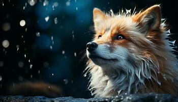 ai generado linda perrito sentado en nieve, mirando a cámara, puro alegría generado por ai foto