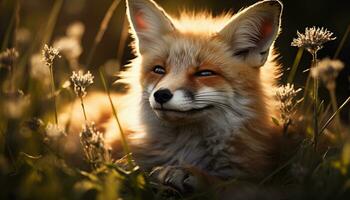 AI generated Cute red fox sitting in grass, looking at camera generated by AI photo