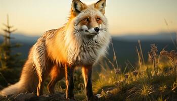 AI generated Cute red fox sitting in grass, looking at sunset generated by AI photo