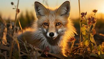 AI generated Cute red fox sitting in grass, looking at camera generated by AI photo