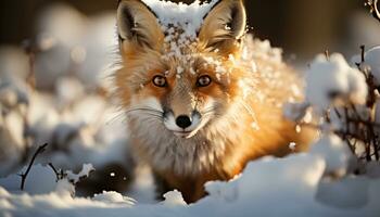 AI generated Cute red fox in snowy forest, looking at camera generated by AI photo