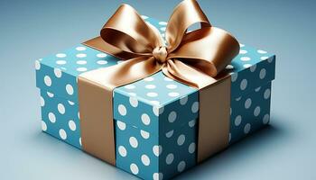 AI generated Birthday gift box with shiny blue wrapping paper and decoration generated by AI photo