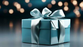 AI generated Shiny blue gift box wrapped in illuminated wrapping paper generated by AI photo