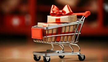 AI generated Christmas presents wrapped in festive decorations fill the shopping cart generated by AI photo