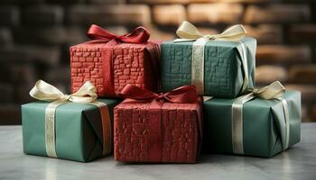 AI generated A stack of wrapped gift boxes, shiny and ornate generated by AI photo
