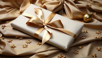 AI generated Golden gift box wrapped in shiny yellow silk ribbon generated by AI photo