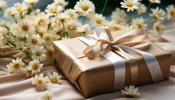 AI generated Fresh daisy bouquet wrapped in yellow gift box generated by AI photo