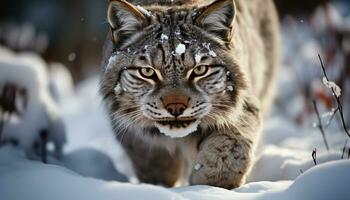 ai generado nieve leopardo curioso, invierno belleza en naturaleza generado por ai foto