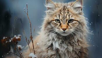 AI generated Cute kitten sitting in snow, looking at camera generated by AI photo