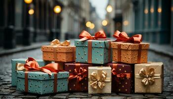 AI generated A stack of wrapped gift boxes, illuminated with Christmas lights generated by AI photo