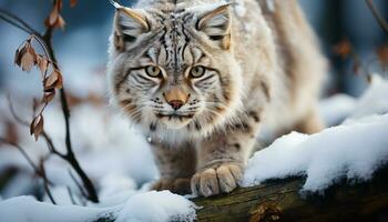 AI generated Cute bobcat sitting on snowy branch, looking fierce generated by AI photo