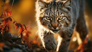 AI generated Playful bobcat staring at camera in the forest generated by AI photo