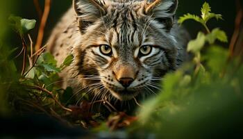 ai generado cerca arriba de un linda gato montés mirando en el bosque generado por ai foto