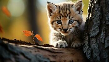 AI generated Cute kitten playing in the autumn forest generated by AI photo