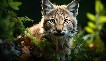 AI generated Cute young bobcat looking at camera in forest generated by AI photo