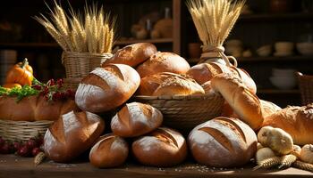 AI generated Freshly baked bread in a rustic wicker basket generated by AI photo