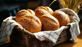 AI generated Freshly baked bread on wooden table, a meal generated by AI photo