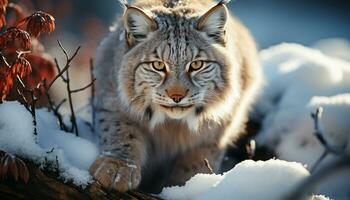 ai generado majestuoso gato montés sentado en nieve, mirando peligroso generado por ai foto