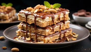 ai generado apilar de hecho en casa chocolate Dulce de azúcar Brownies en plato generado por ai foto