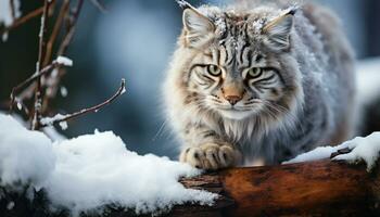 AI generated Cute bobcat sitting in snow, staring at camera generated by AI photo