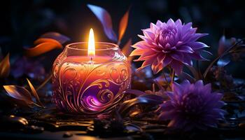 AI generated Flame burning, candle glowing, flower petal, nature ornament generated by AI photo