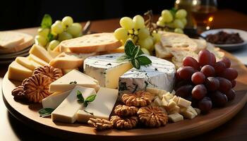 AI generated Gourmet cheese plate with fruit and wine generated by AI photo