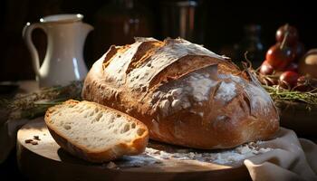 AI generated Freshly baked ciabatta on wooden table, healthy meal generated by AI photo