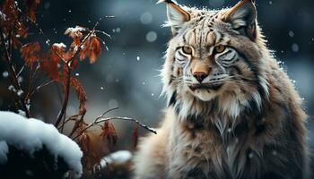 ai generado majestuoso Tigre caminando en nieve cubierto desierto generado por ai foto