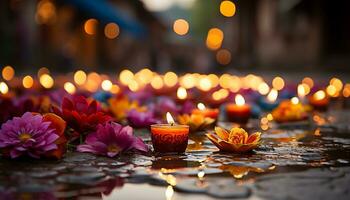 AI generated Glowing flame illuminates tranquil table, symbolizing spirituality generated by AI photo