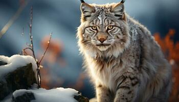 AI generated Majestic snow leopard staring, sitting in snowy grass generated by AI photo