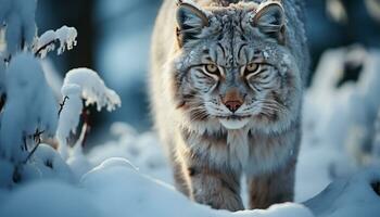 AI generated Snow leopard stalking in the winter wilderness generated by AI photo