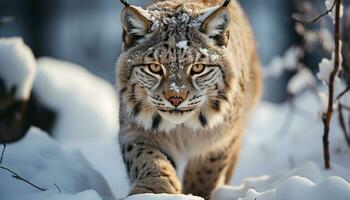 AI generated Snow leopard staring, fur focused, beauty in nature generated by AI photo