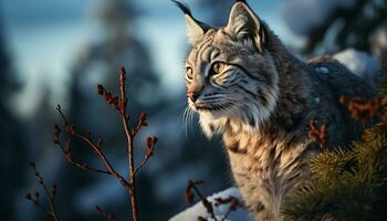 AI generated Majestic bobcat walking in snow, looking at camera generated by AI photo