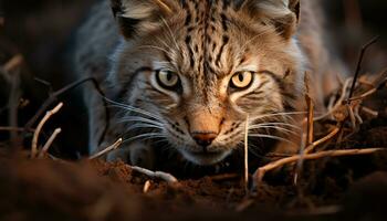 AI generated Cute bobcat hiding in grass, looking at camera generated by AI photo