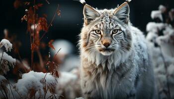 AI generated Snow covered forest, bobcat piercing eyes, danger in nature generated by AI photo