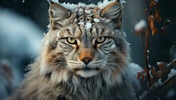 ai generado nieve cubierto bosque, gato montés curioso, belleza en naturaleza generado por ai foto