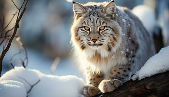 AI generated Snow covered forest, bobcat prowls, fierce and majestic generated by AI photo